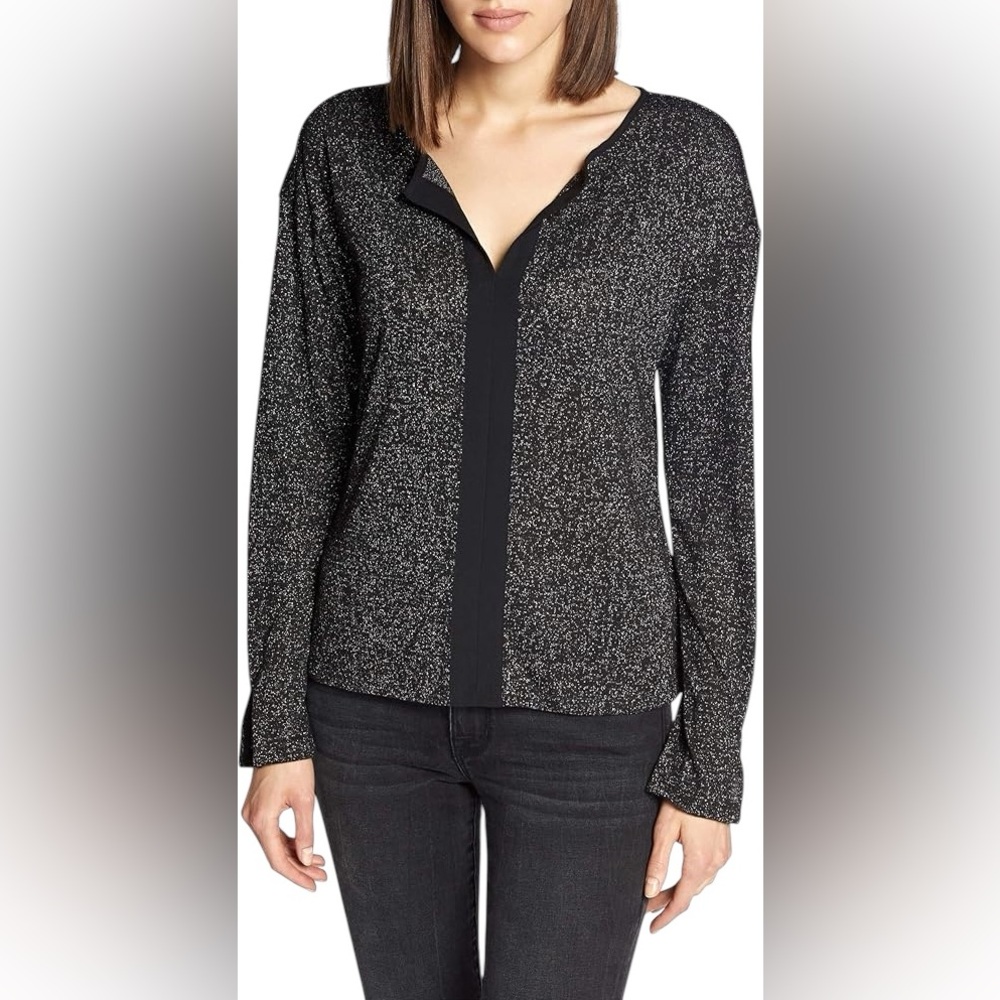 Anthropologie Sanctuary long sleeve deep grey shimmer metallic top / L/ Like New